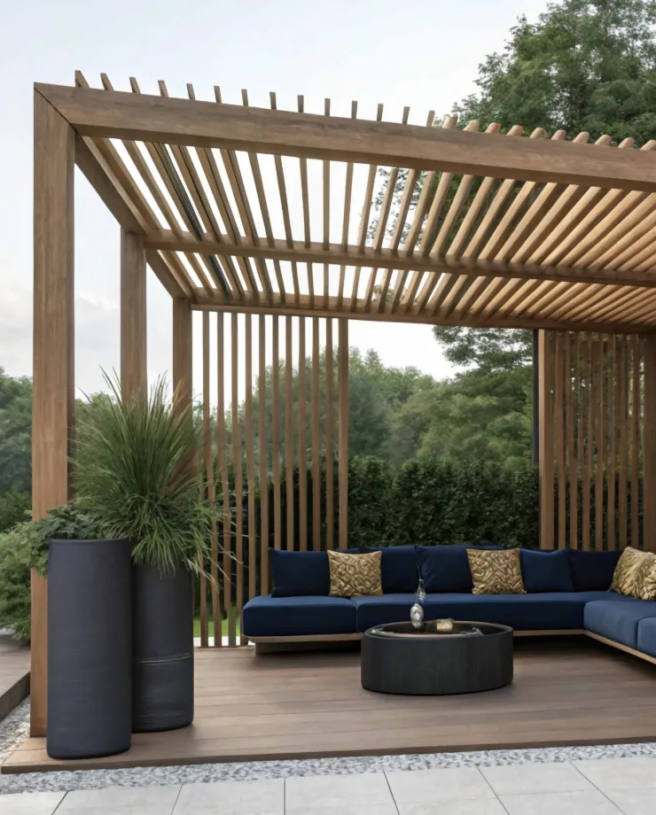 Classic wood pergola project in a backyard garden patio