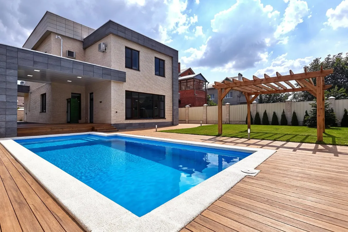 Deck and patio remodeling in Los Angeles with paver poolside design, pergola structure, and backyard renovation