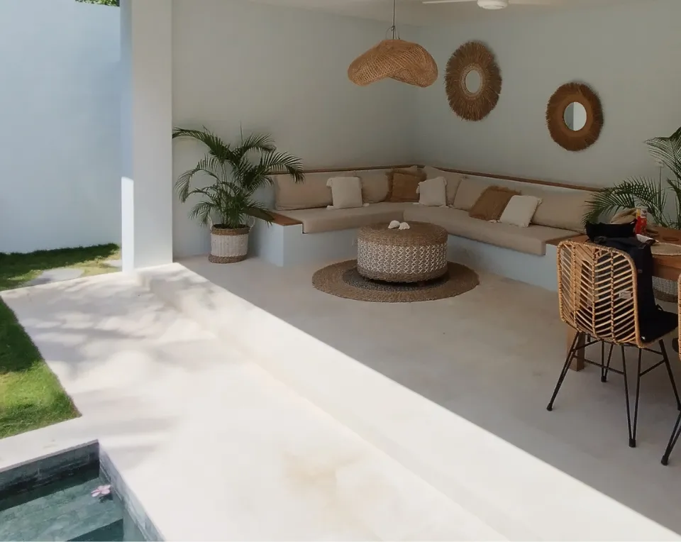 Outdoor living space after construction in Los Angeles with covered patio, lounge seating, and modern design layout