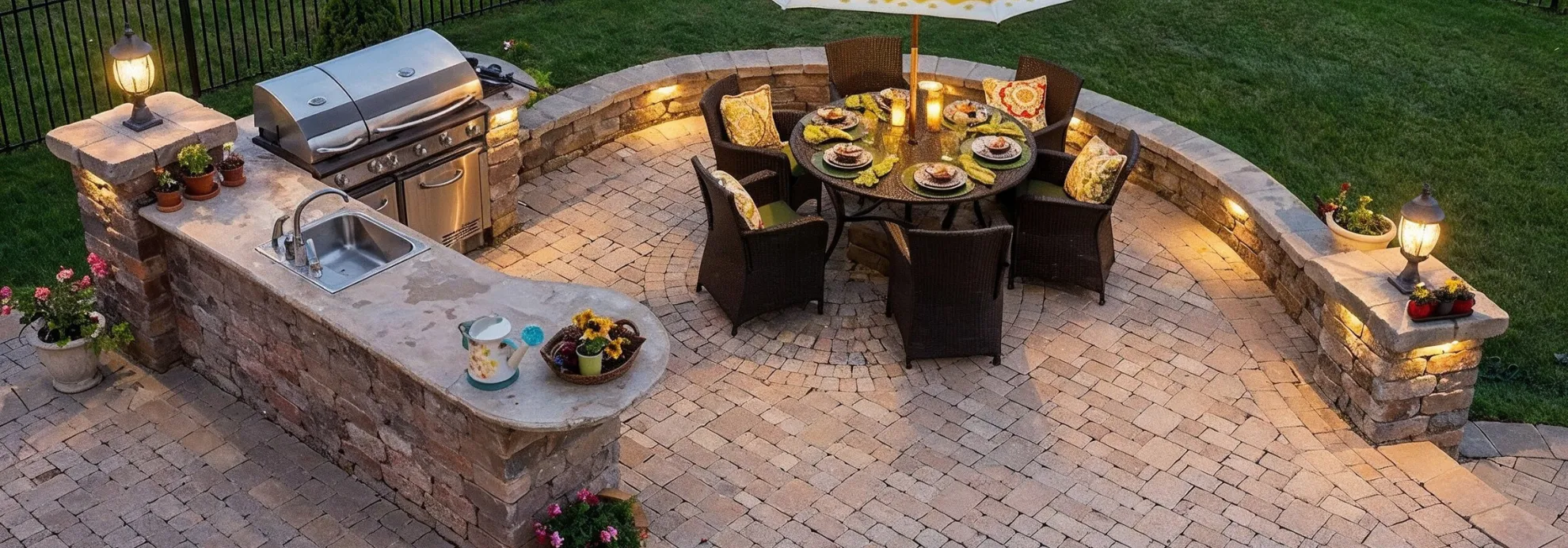 Outdoor kitchen BBQ area in Los Angeles at night with covered patio, lighting, and modern cooking space