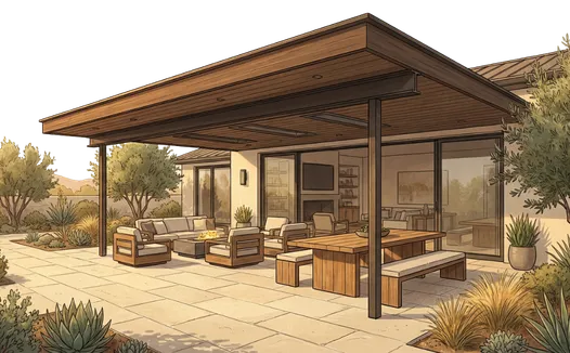 Solid patio cover in Los Angeles with shaded seating and outdoor living space