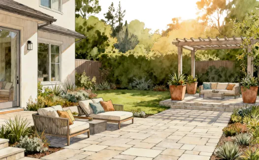 Paver patio in Los Angeles with fire pit and modern seating design