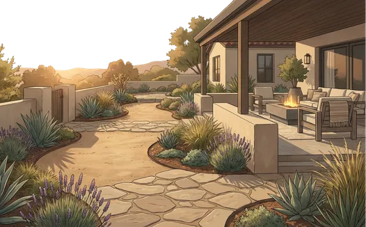 Hardscape walkway and backyard patio design in Los Angeles