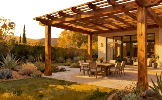 Wood pergola in Los Angeles backyard with seating and fire pit area